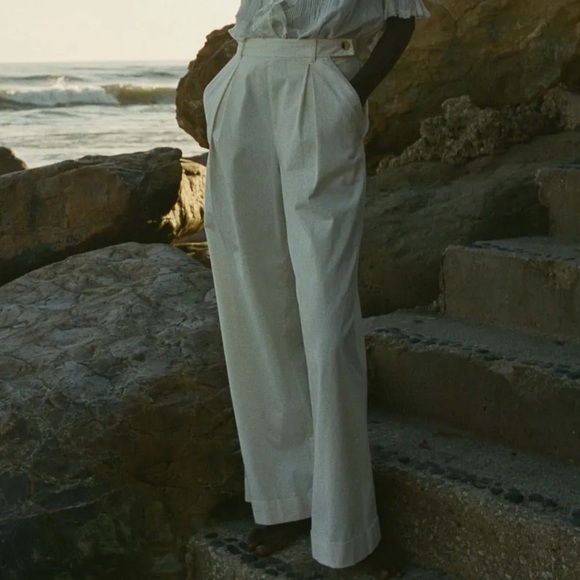 Doen Hilaire Cotton High Waist Wide Leg Cuff Palazzo Pants Trousers Salt White - Picture 5 of 14